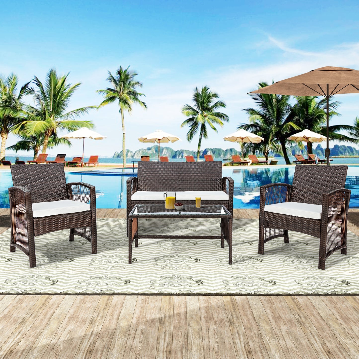 4Pcs Outdoor Patio Furniture Set (3 Rattan Chair Sofa & 1 Coffee Table for Garden Backyard)