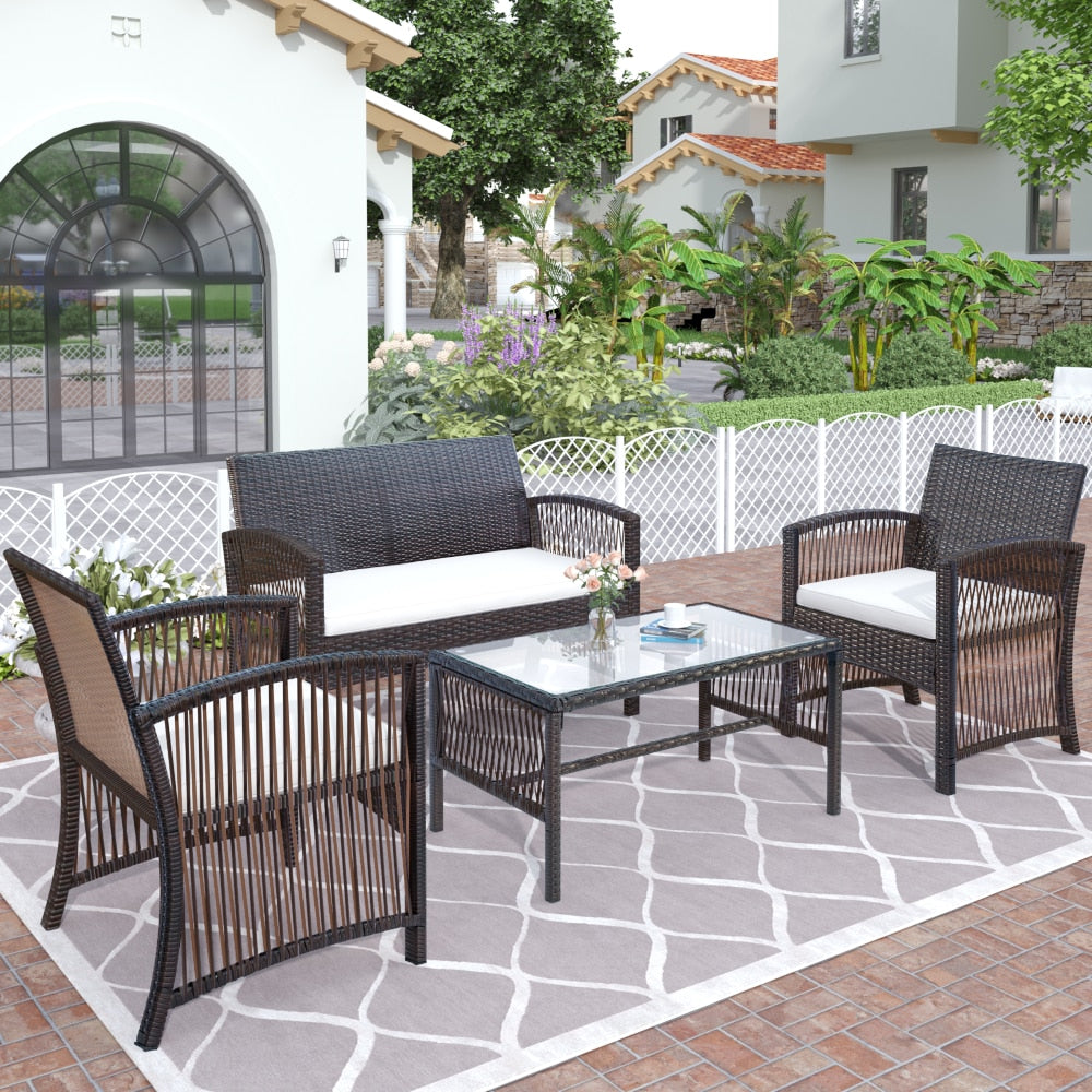 4Pcs Outdoor Patio Furniture Set (3 Rattan Chair Sofa & 1 Coffee Table for Garden Backyard)