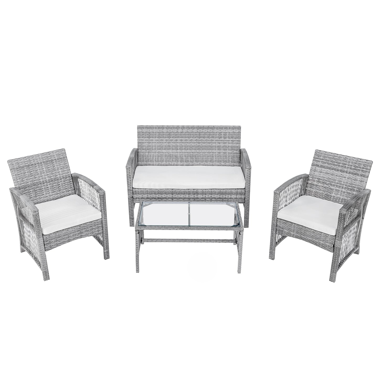 4Pcs Outdoor Patio Furniture Set (3 Rattan Chair Sofa & 1 Coffee Table for Garden Backyard)